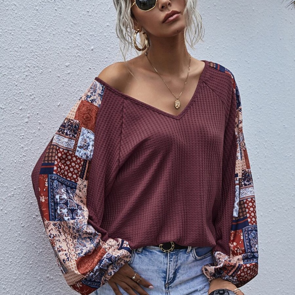 brown  v neck wide sleep waffle long sleeve top - Picture 8 of 16